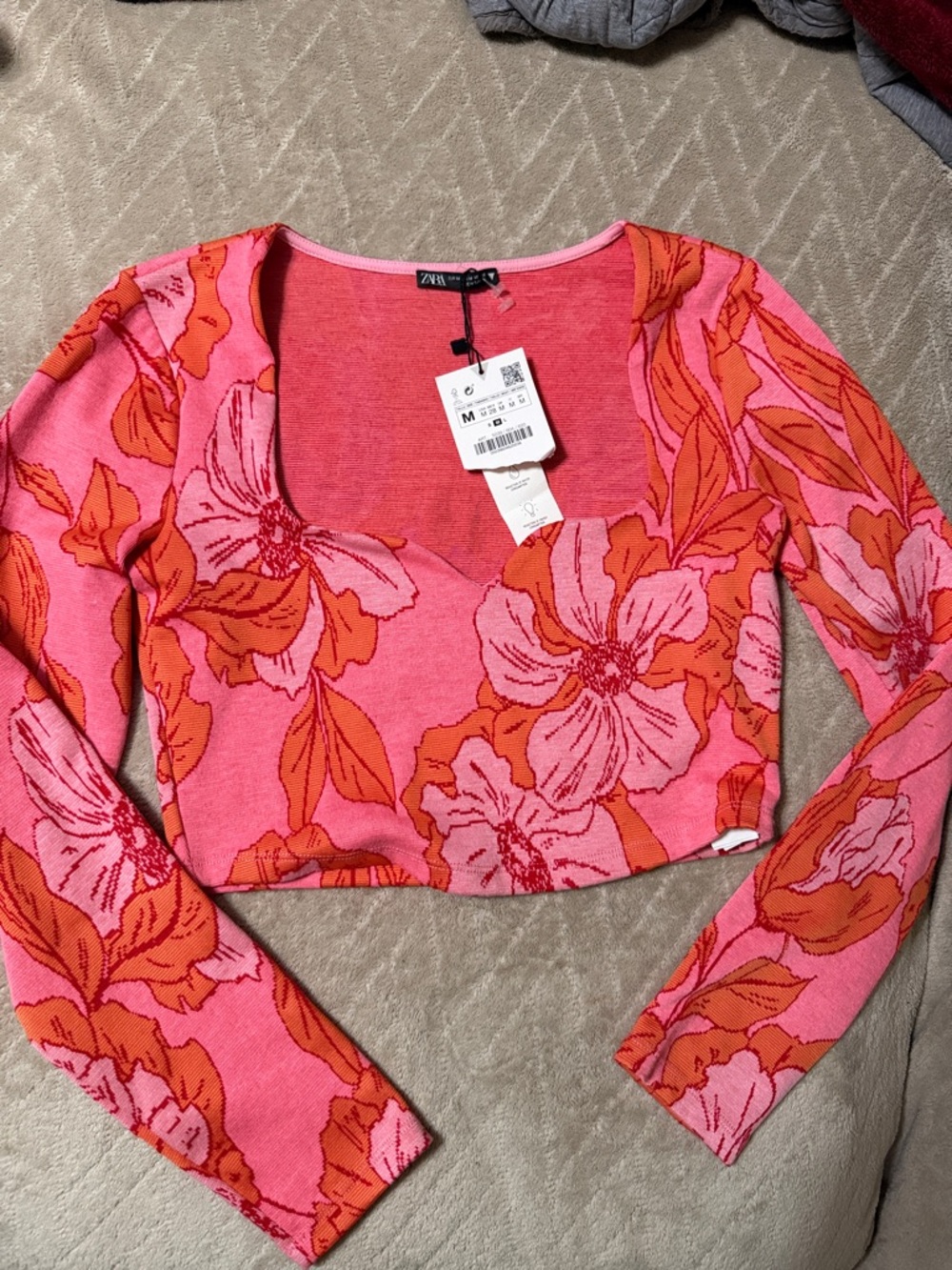 Zara Pink & Orange Floral Sweetheart Crop Top